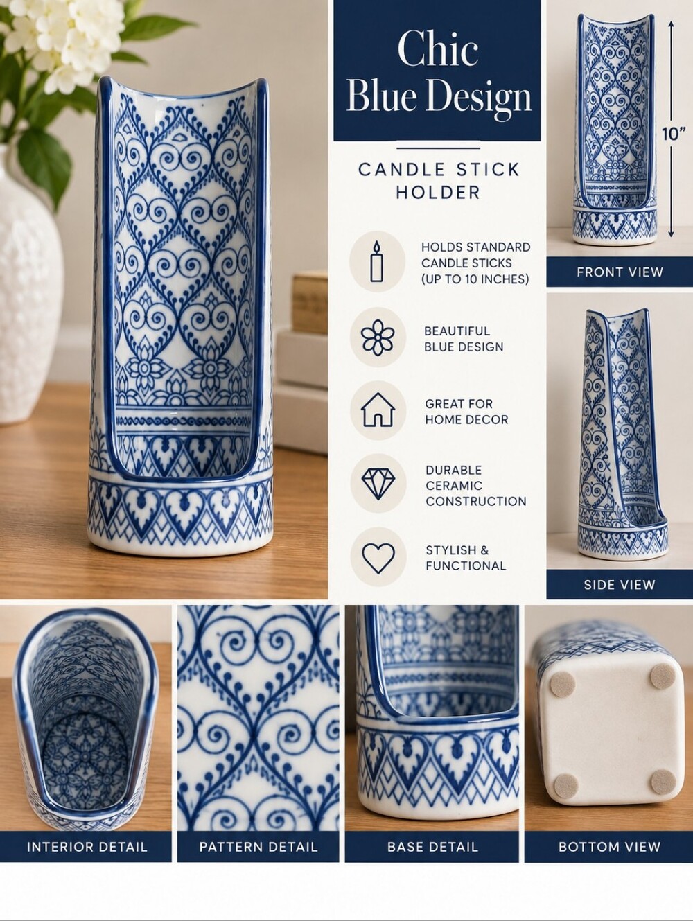 Chic 10 inch blue design candle stick holder #32